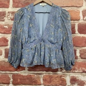 French Kiss Top Women's Small Blue Multicolor Cottage Floral Pullover Blouse
